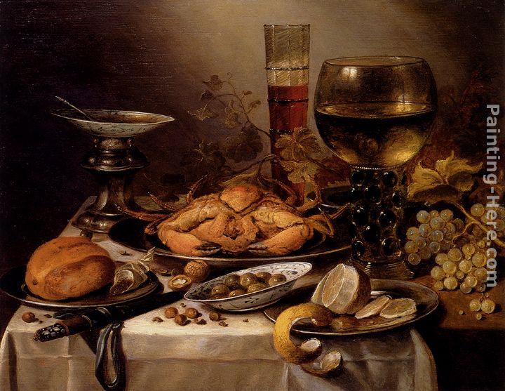 Pieter Claesz Banquet Still Life With A Crab On A Silver Platter, A Bunch Of Grapes, A Bowl Of Olives, And A Peeled Lemon All Resting On A Draped Table